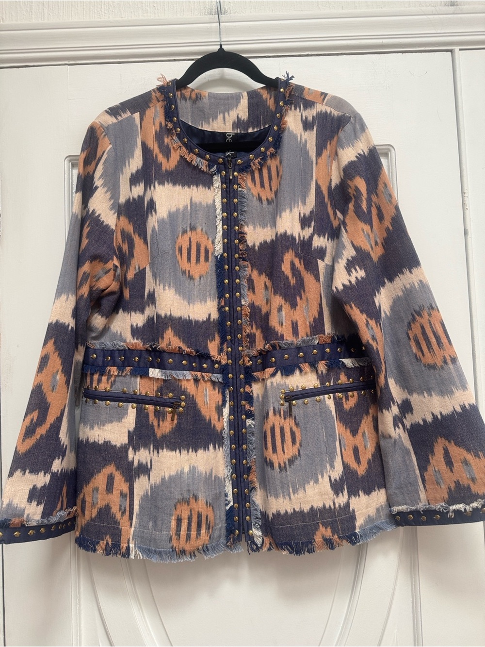 BERE Ikat-Pattern Stud-Trim Jacket in Blue, Tan & Cream Lined